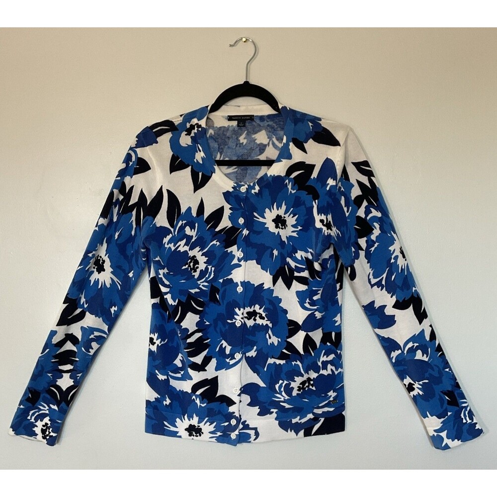 Tommy Hilfiger Blue Floral Button Up Sweater Size M